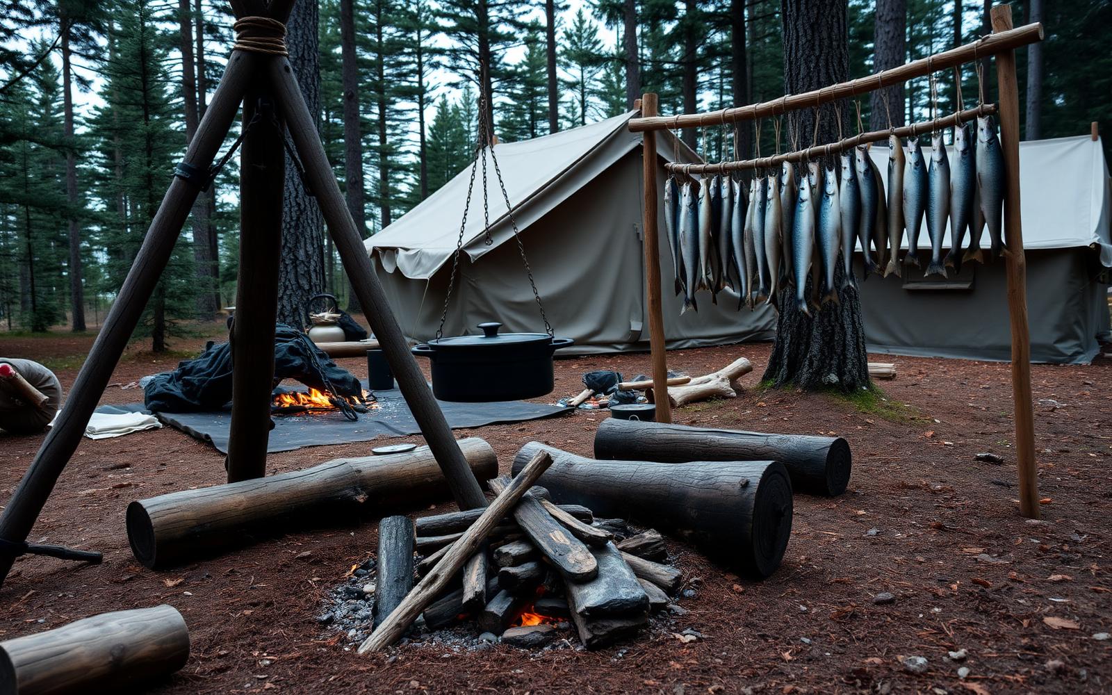A working bushcraft camp with a tripod cook set and drying rack in a boreal forest