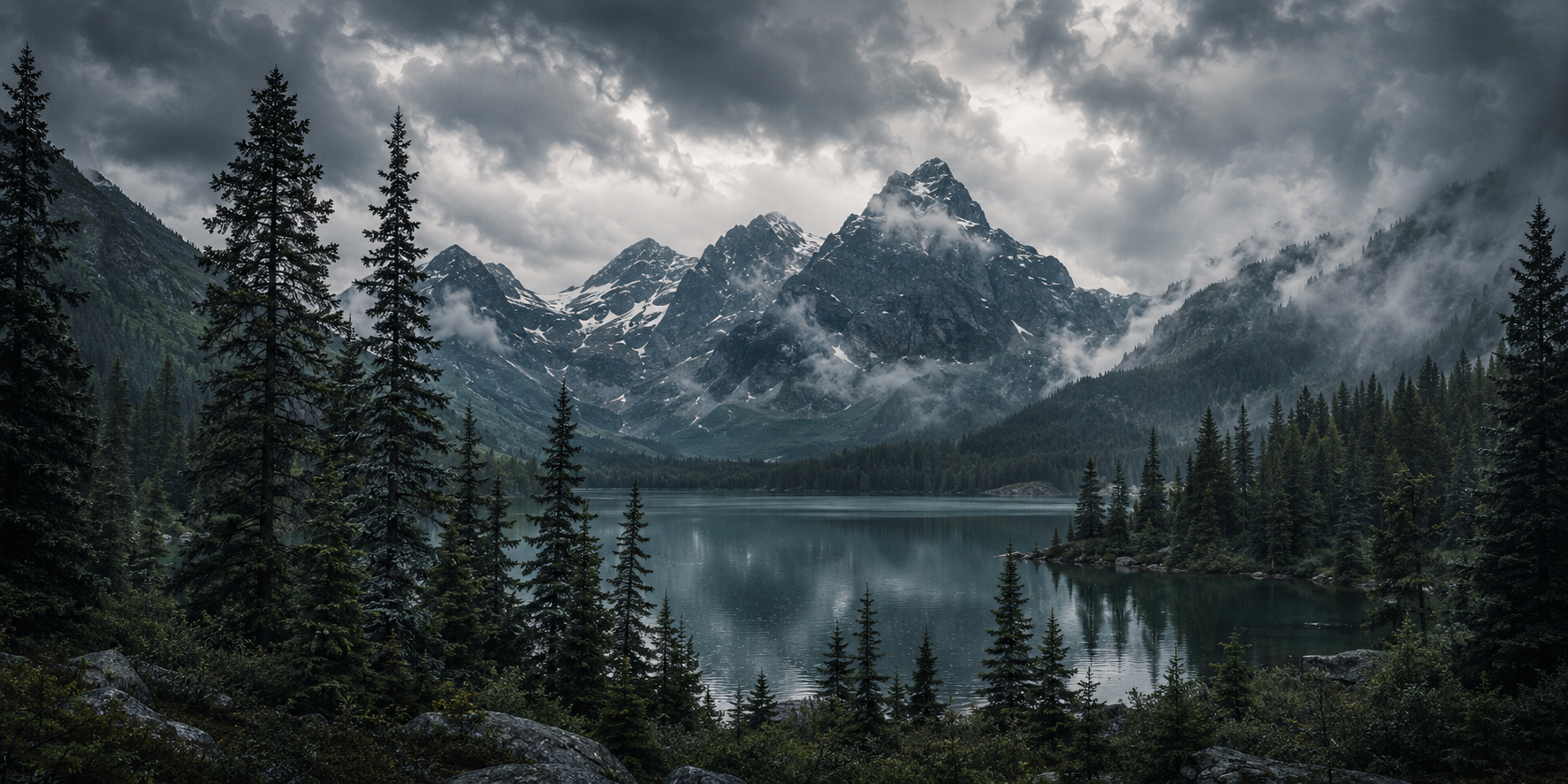 Moody alpine lake ringed by evergreens beneath jagged snow-dusted peaks and heavy storm clouds