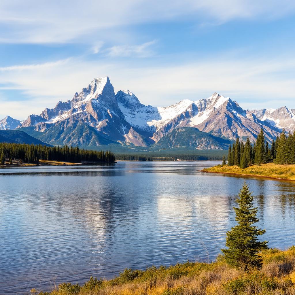 Snow-capped mountain range above an alpine lake in a US national park