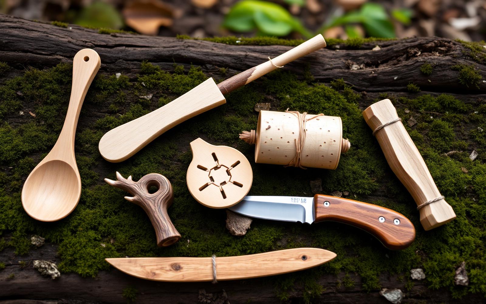 Bushcraft projects laid out with wool layering visible