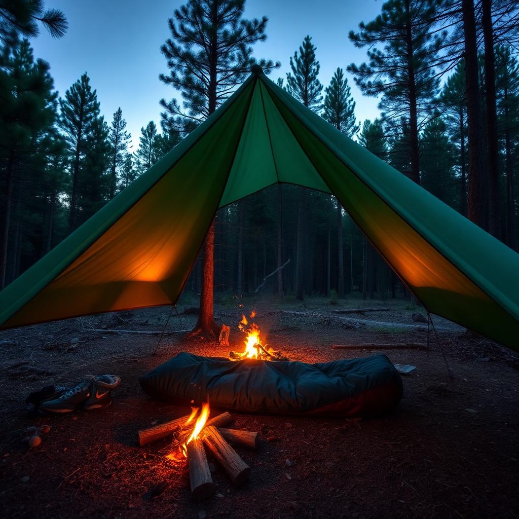 A-frame tarp pitched over a bedroll with a campfire at dusk