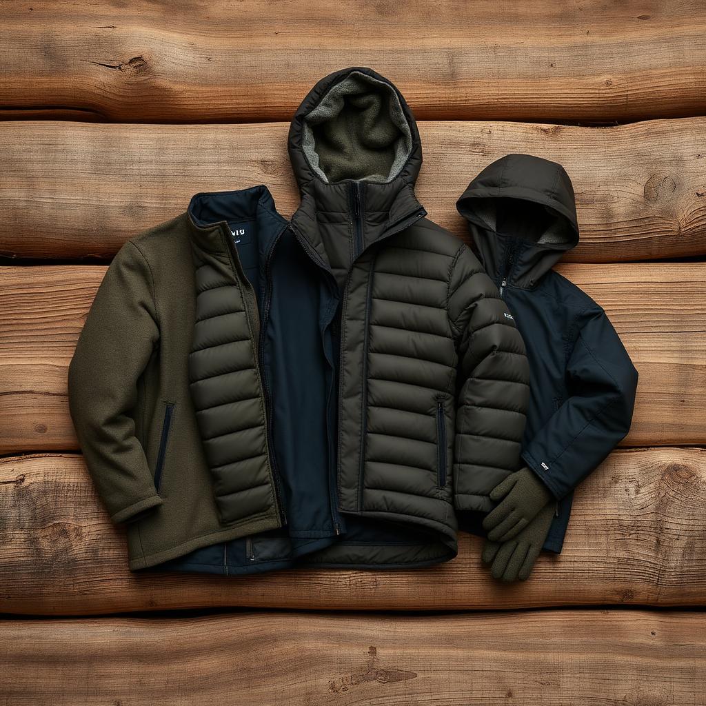 A layered technical outdoor clothing system laid out on rough pine boards