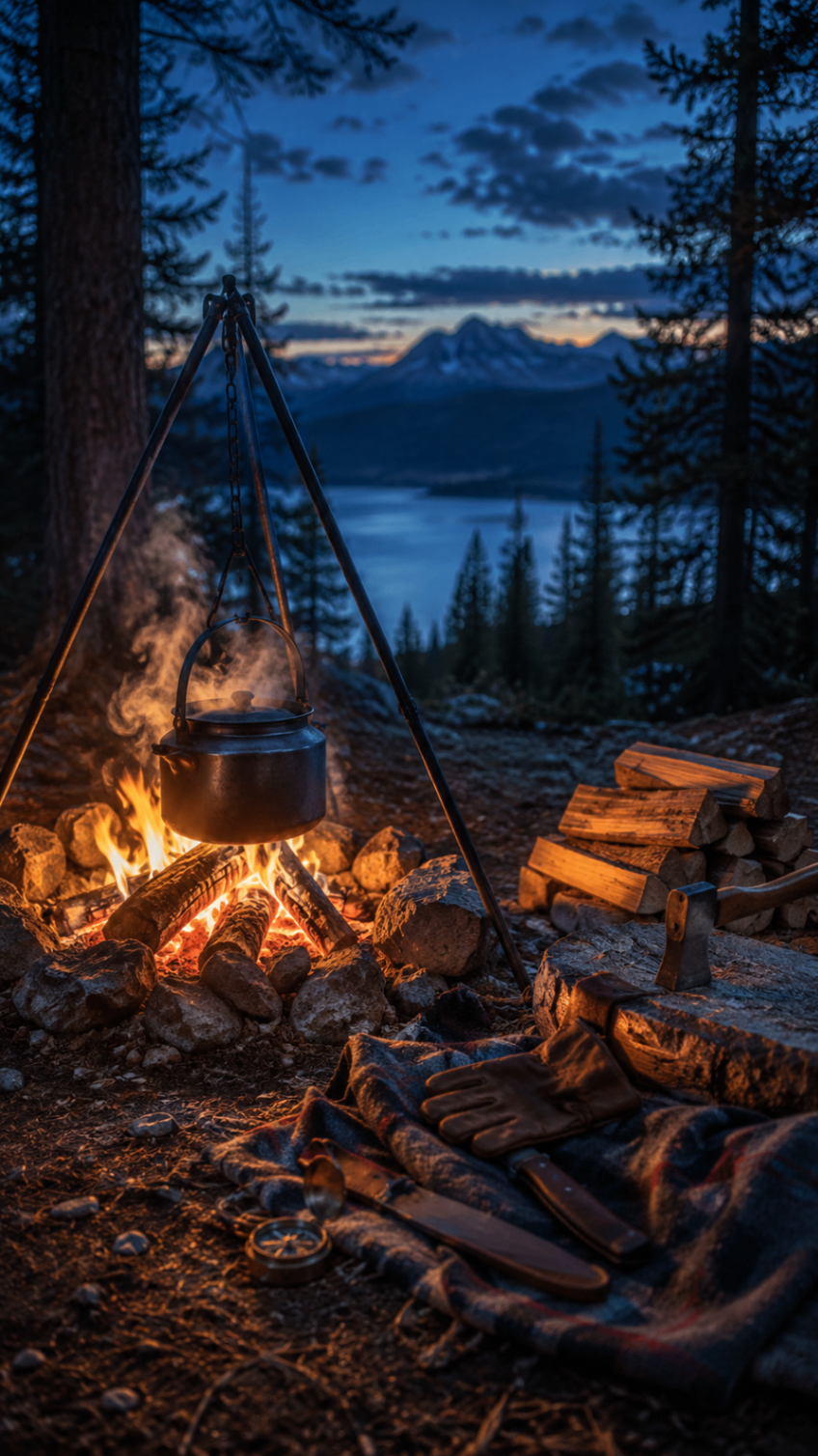 Cast-iron cauldron on a tripod over a campfire above a mountain lake at dusk