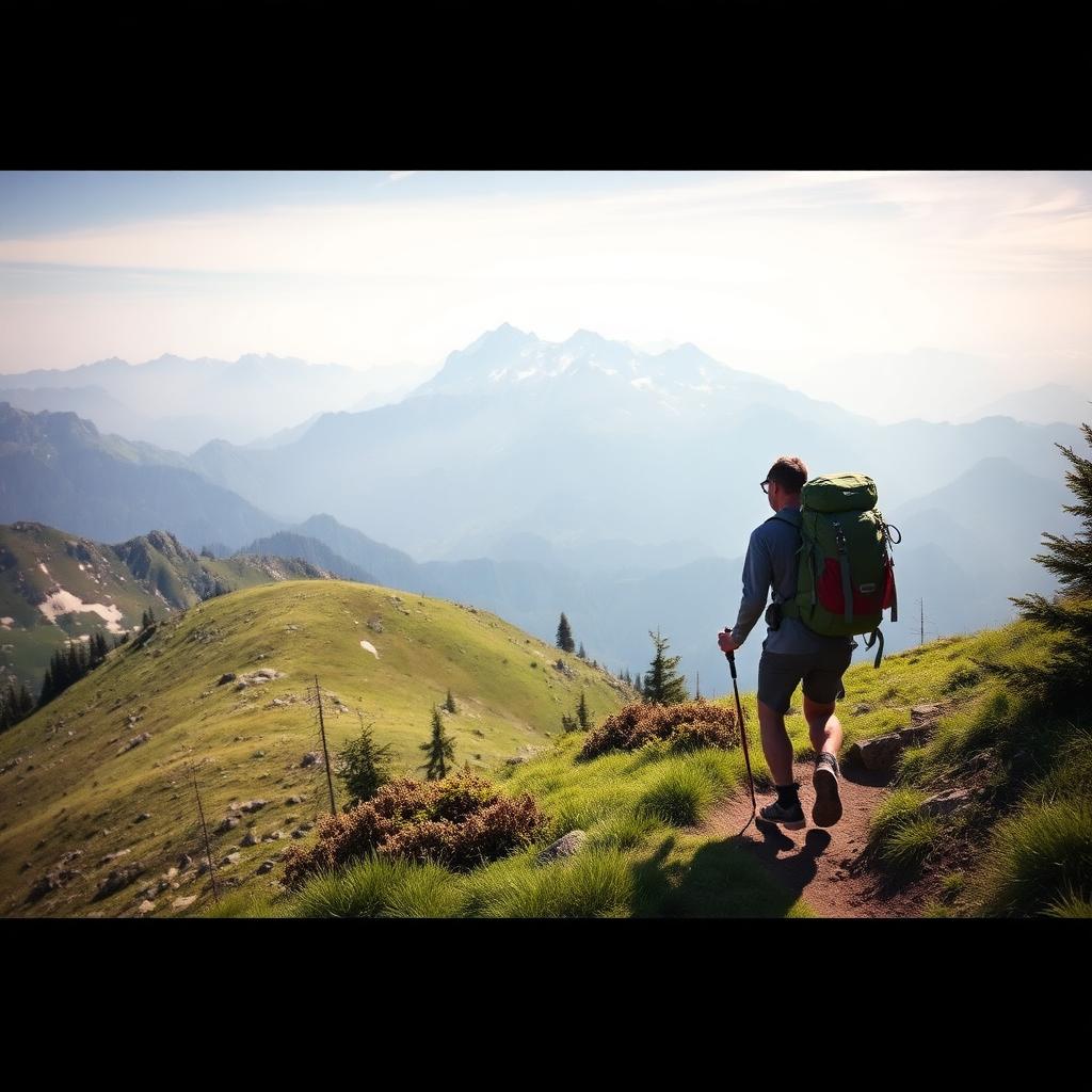 Backpacker on a ridge trail heading toward distant peaks