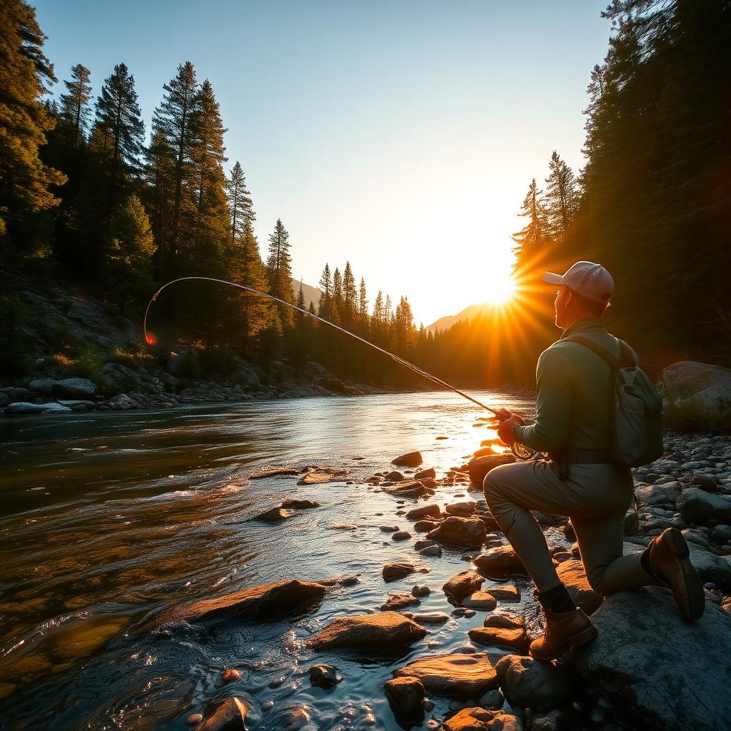 Fly fisherman casting into a mountain river at golden hour
