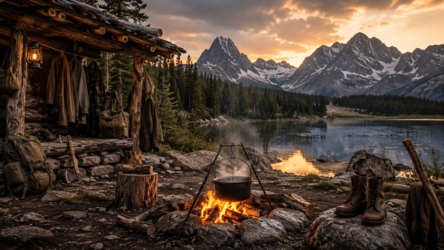A remote cabin with a wooden tripod against a sunset sky