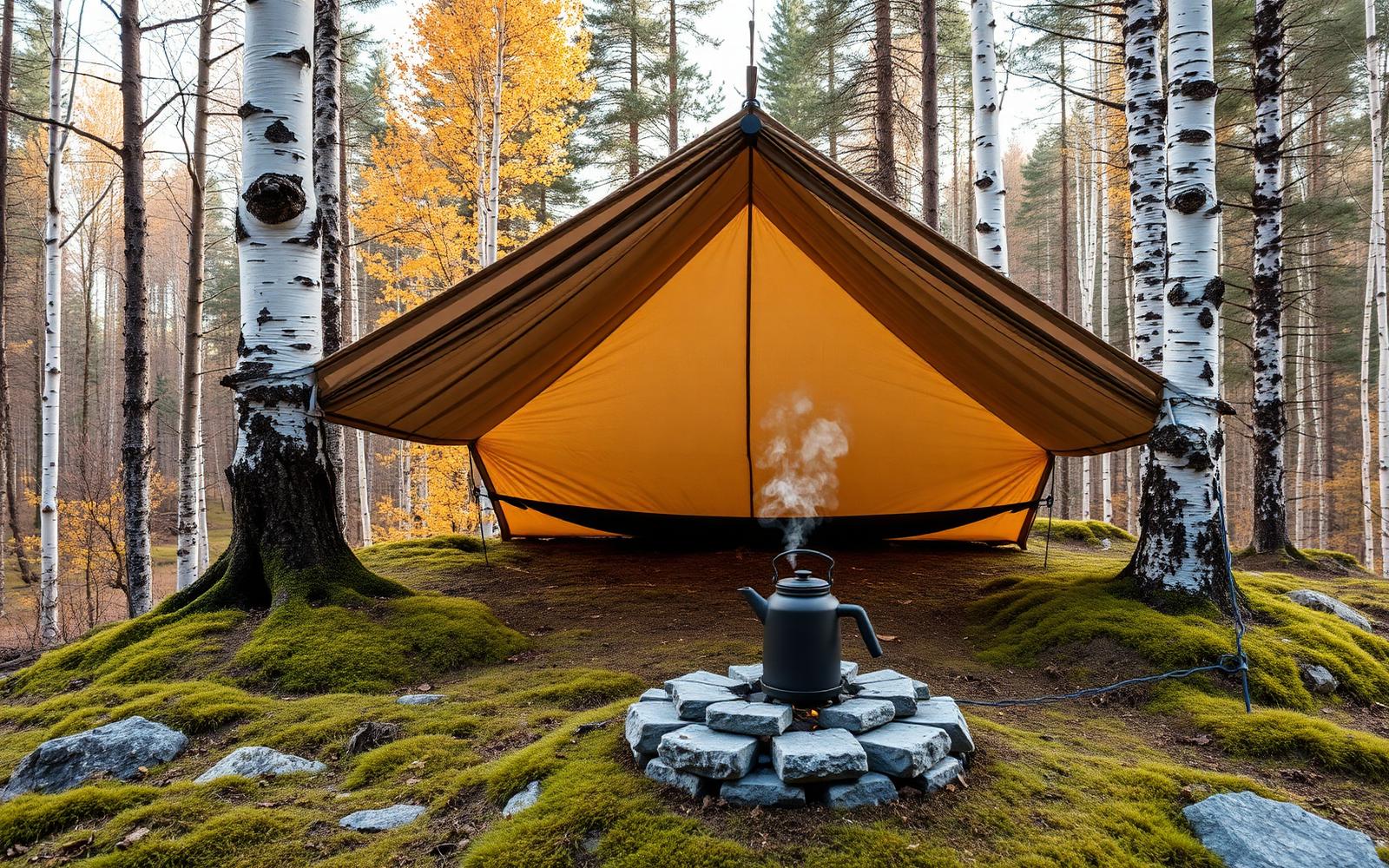 Bushcraft tarp shelter pitched between trees