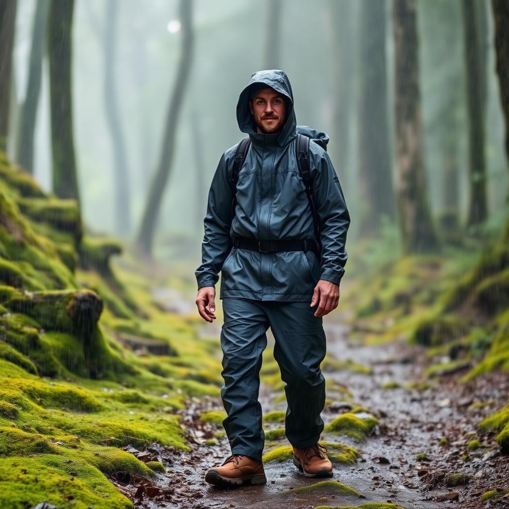 Hiker in a hooded rain shell walking a wet forest trail