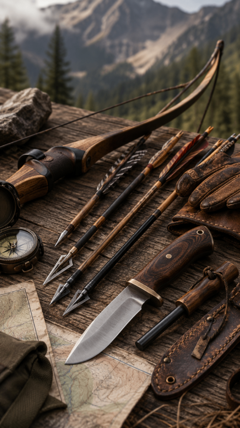 Traditional recurve bow with wood-shaft arrows, broadheads, knife, and compass on a weathered timber