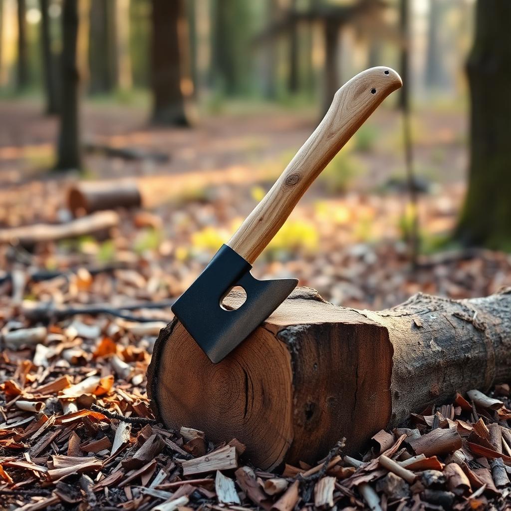 Camp axe with hickory handle embedded in a split log