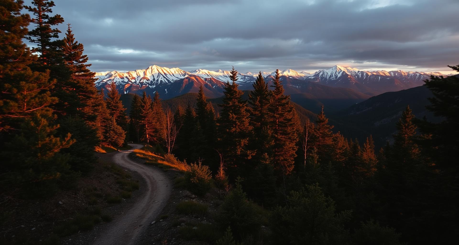 Winding mountain trail through pine forest leading toward snow-capped peaks at golden hour