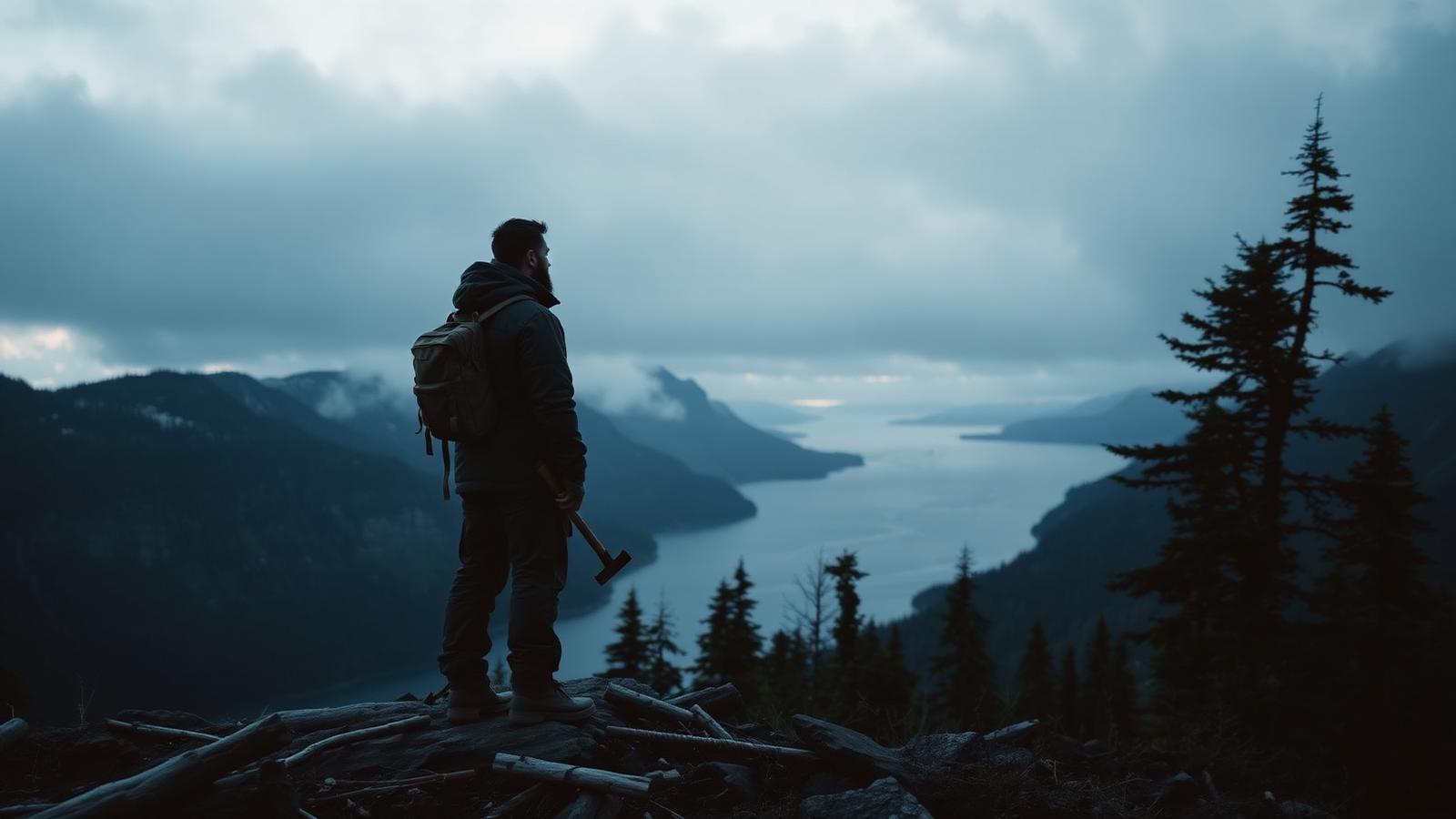 Silhouetted bearded survivalist with backpack and axe on a rocky ridge overlooking a moody fjord at dusk