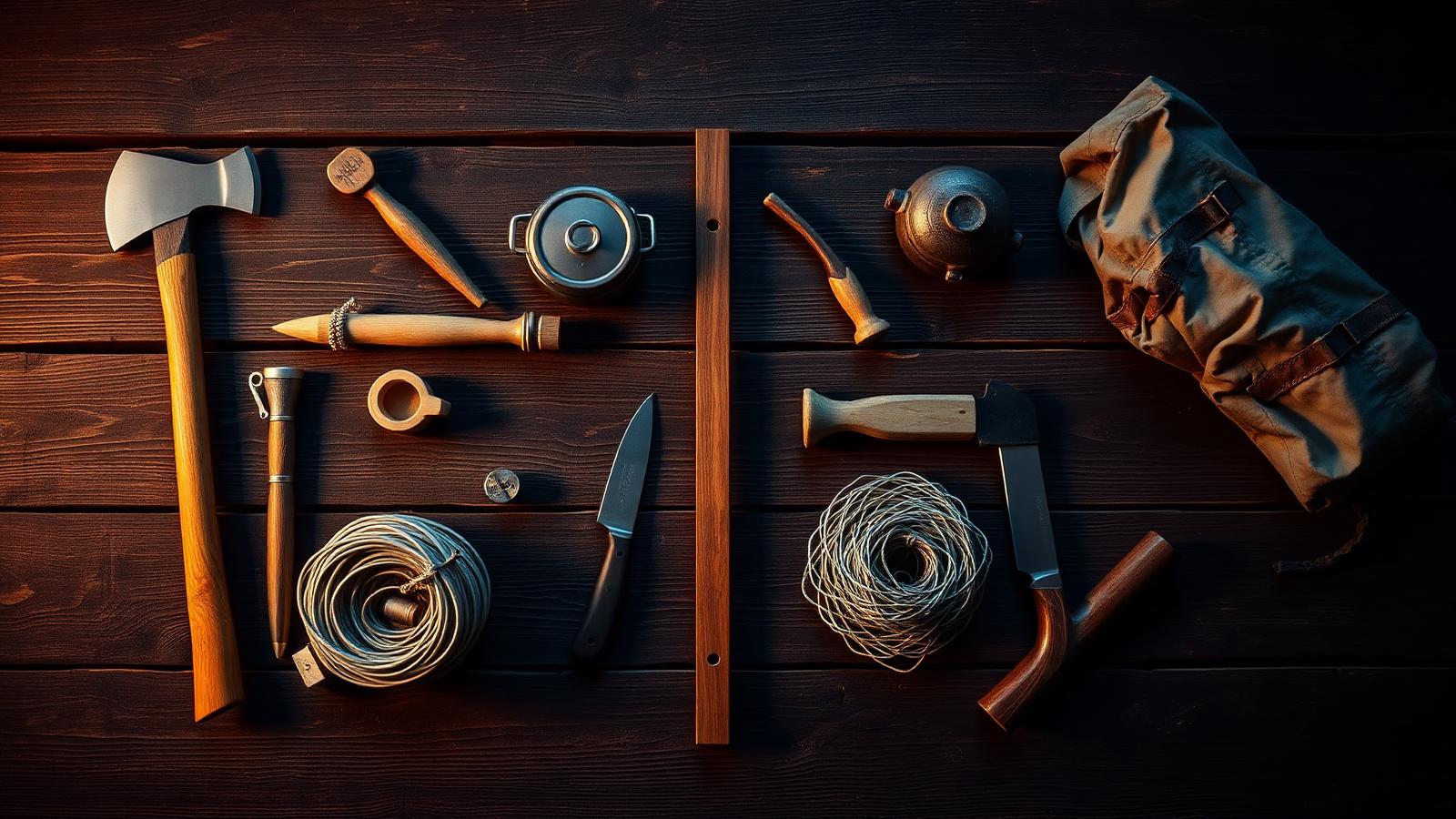 Overhead flat-lay of ten survival items — axe, ferro rod, saw, pot, sleeping roll, snare wire, gill net, fishing kit, knife, tarp — on weathered dark wood