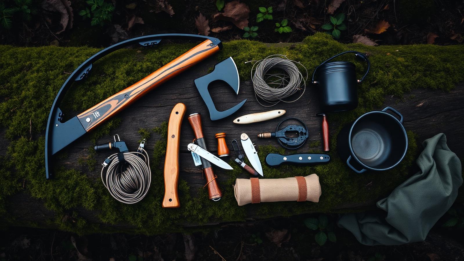 Overhead flat-lay of survival gear — bow saw, axe, ferro rod, knife, snare wire, fishing kit, pot, tarp — on a mossy log