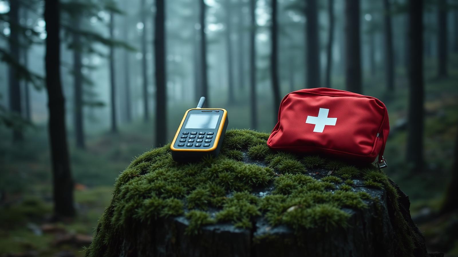 A yellow satellite phone and red medical kit resting on a mossy stump in a wet spruce forest