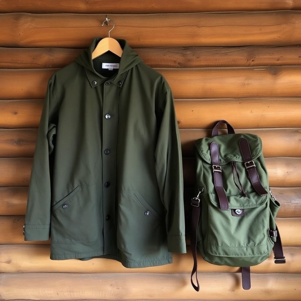 Waxed cotton anorak hanging next to a canvas pack