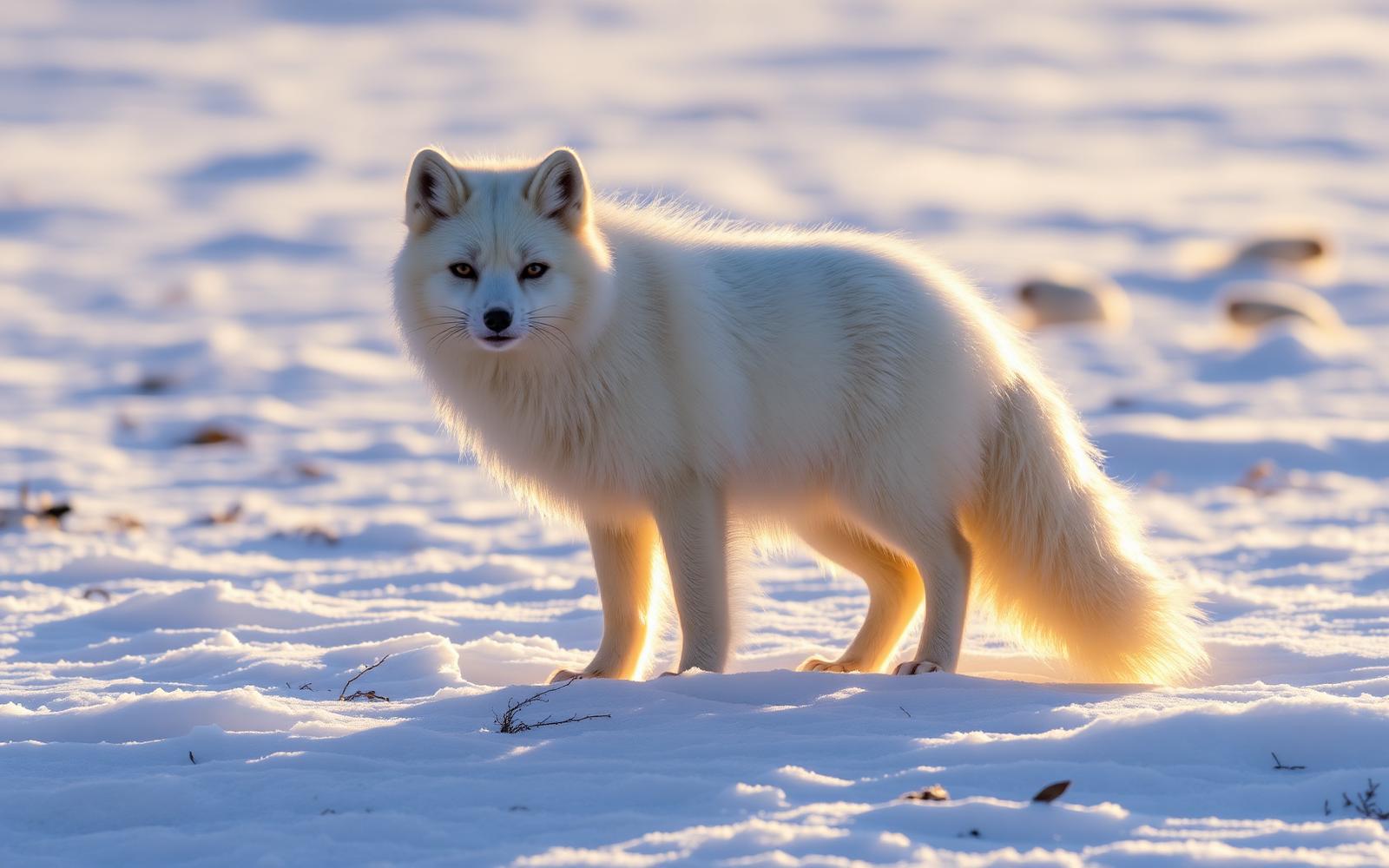 An arctic fox in thick white winter coat standing alert on windswept subarctic tundra