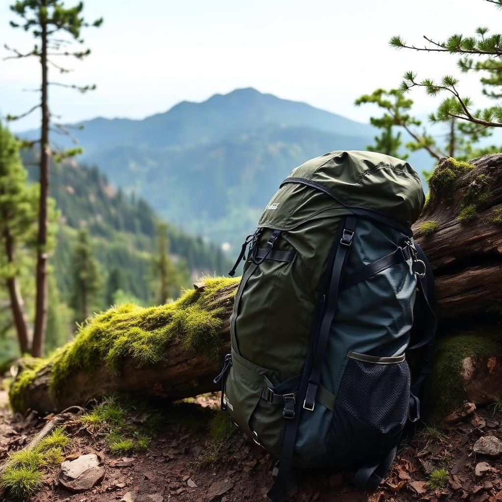 Loaded multi-day backpack against a mossy log on the trail