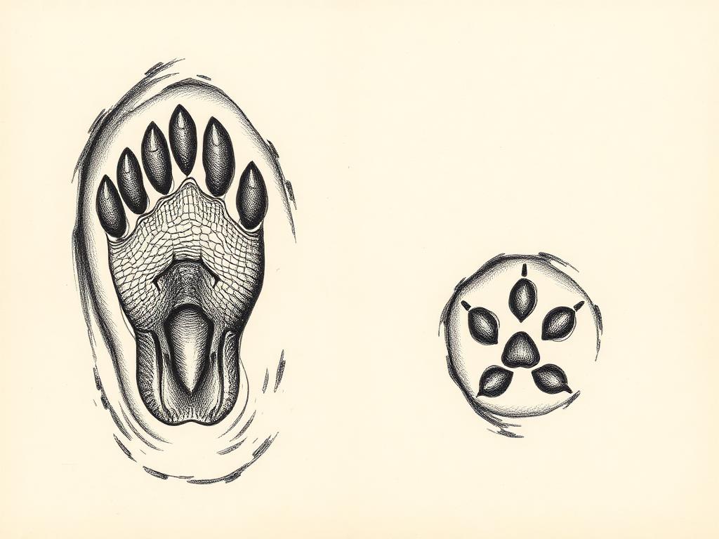 Beaver webbed hind foot and small five-toed front paw print with tail drag