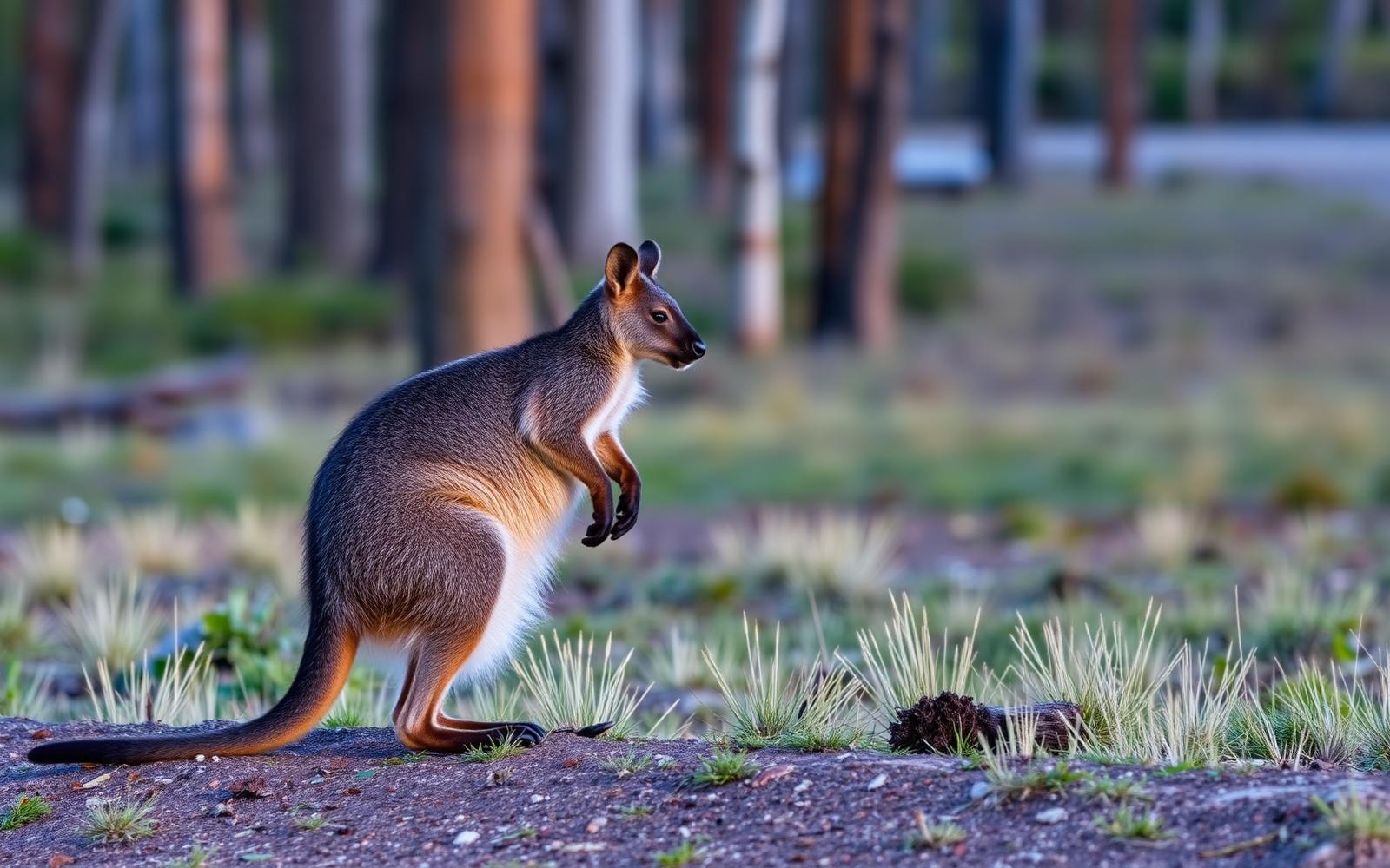 A Bennett's wallaby standing on hind legs at the edge of a Tasmanian eucalyptus forest clearing at dusk