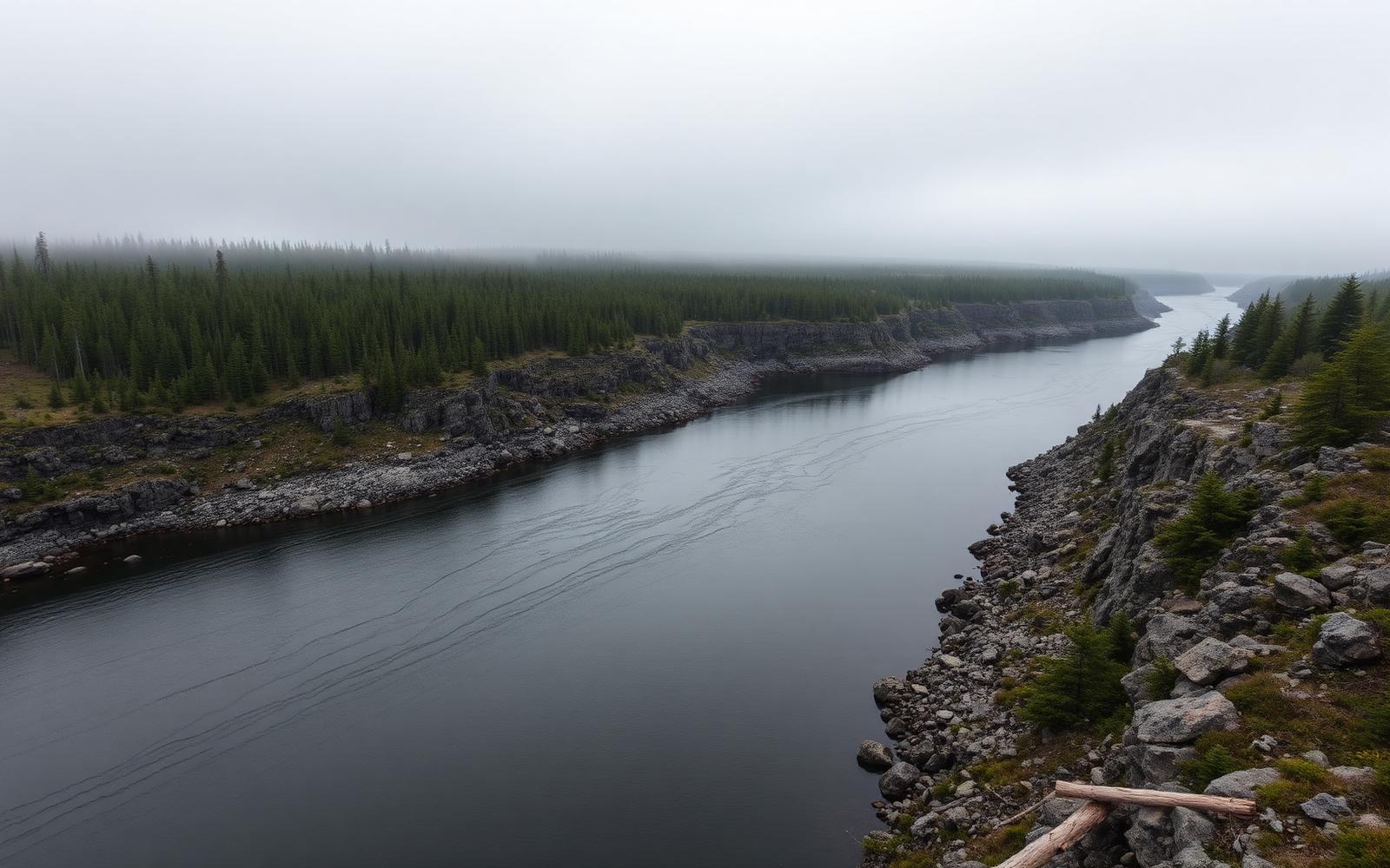 Fog-locked dark river cutting through low Labrador coastal forest