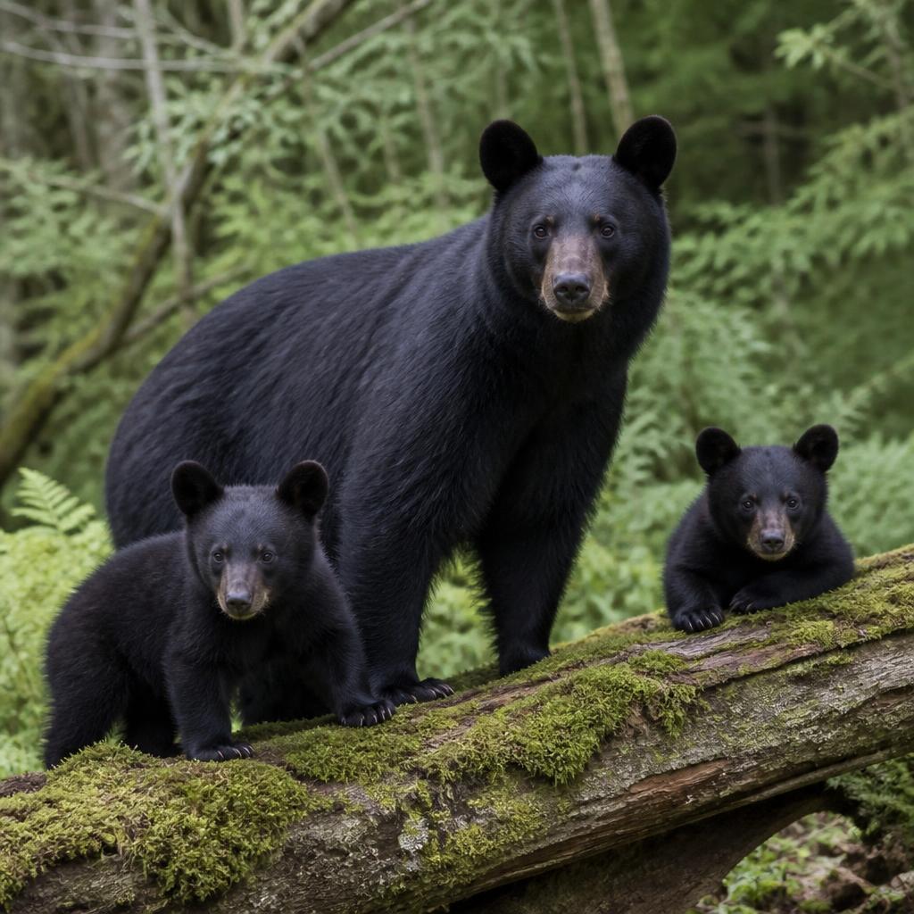A black bear sow with two cubs standing on a mossy log in a forest