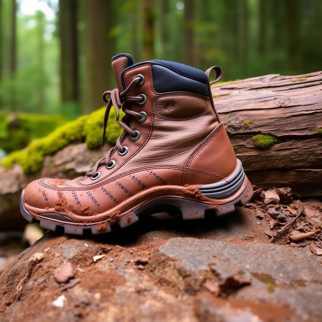 Muddy leather hiking boot on a rock in the forest