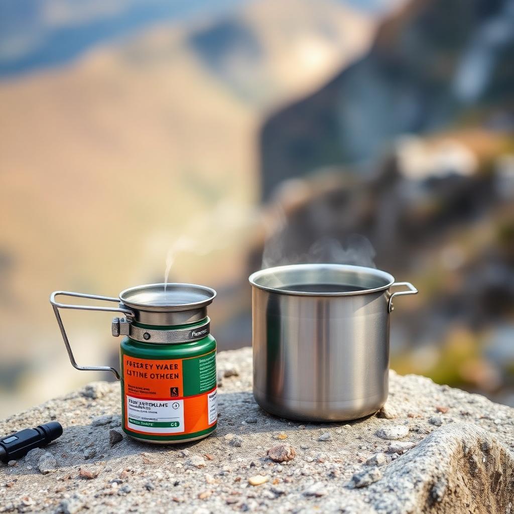 Backpacking canister stove boiling water in a titanium pot