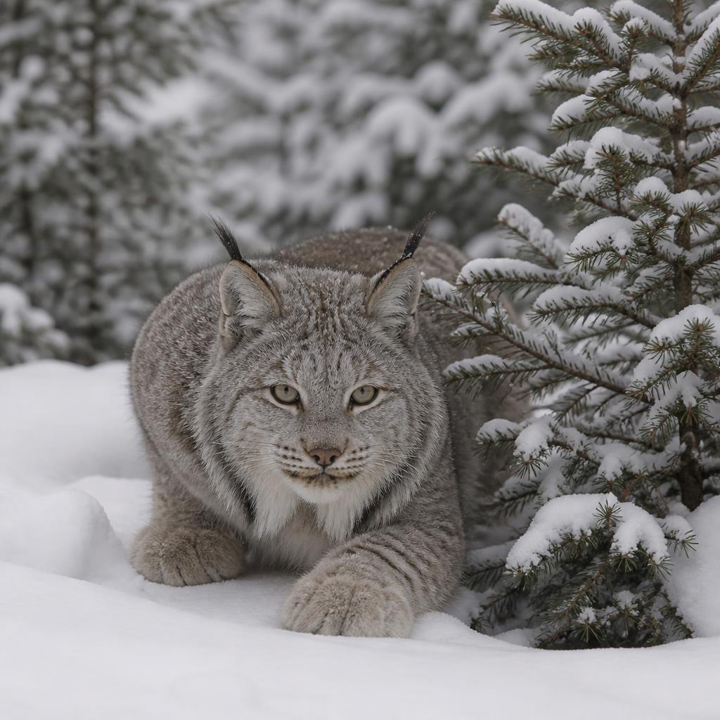 Canada lynx crouched in snow beside a snowy black spruce, ear tufts and huge furred paws visible