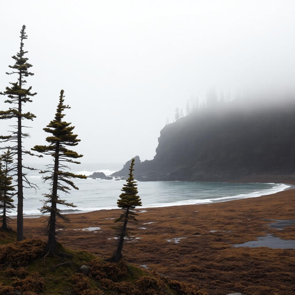 A remote sub-arctic coastline of dark spruce and cold water under moody sky