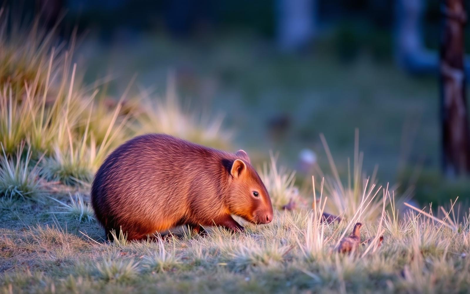 A common wombat foraging on grass at the edge of a Tasmanian temperate forest at dusk