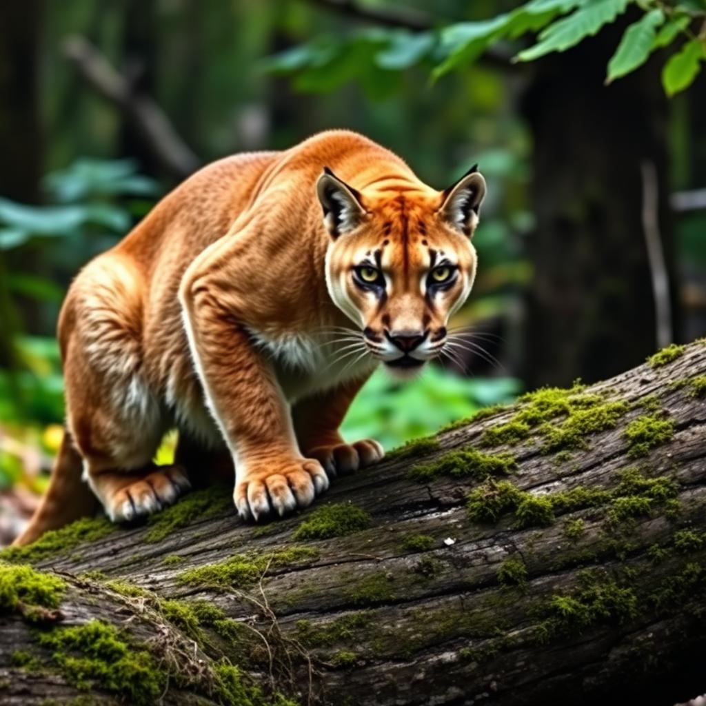 A tawny cougar crouched on a mossy log in a coastal rainforest
