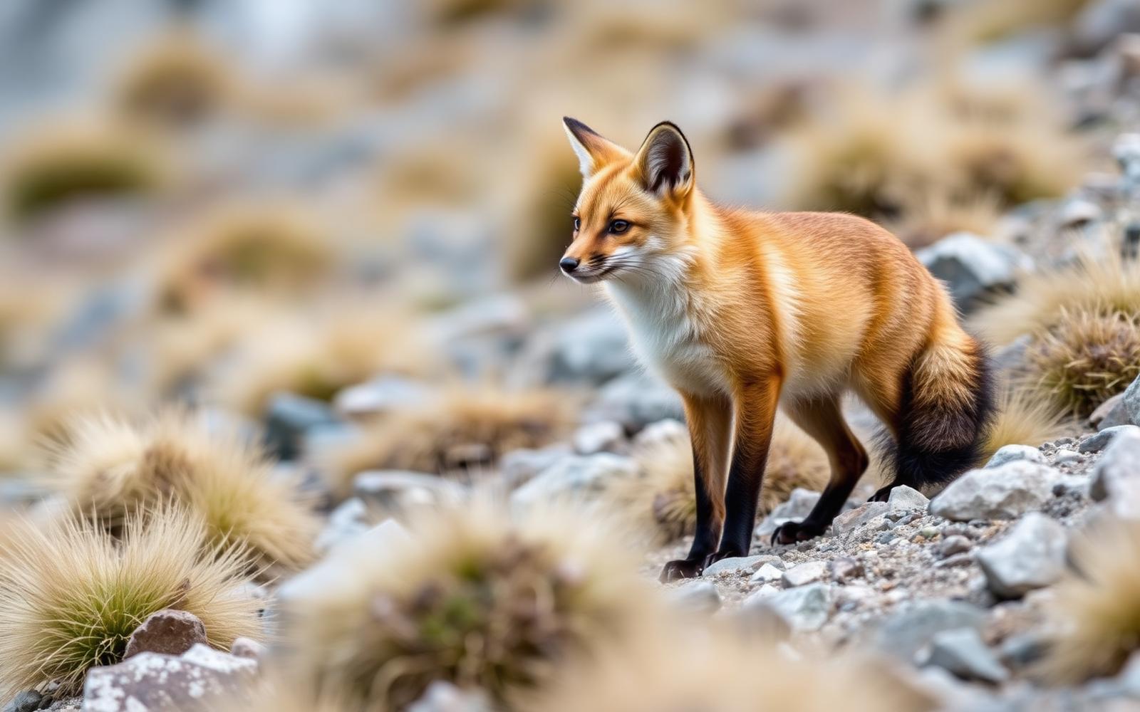 A culpeo fox with reddish fur and black-tipped tail on a rocky Patagonian slope