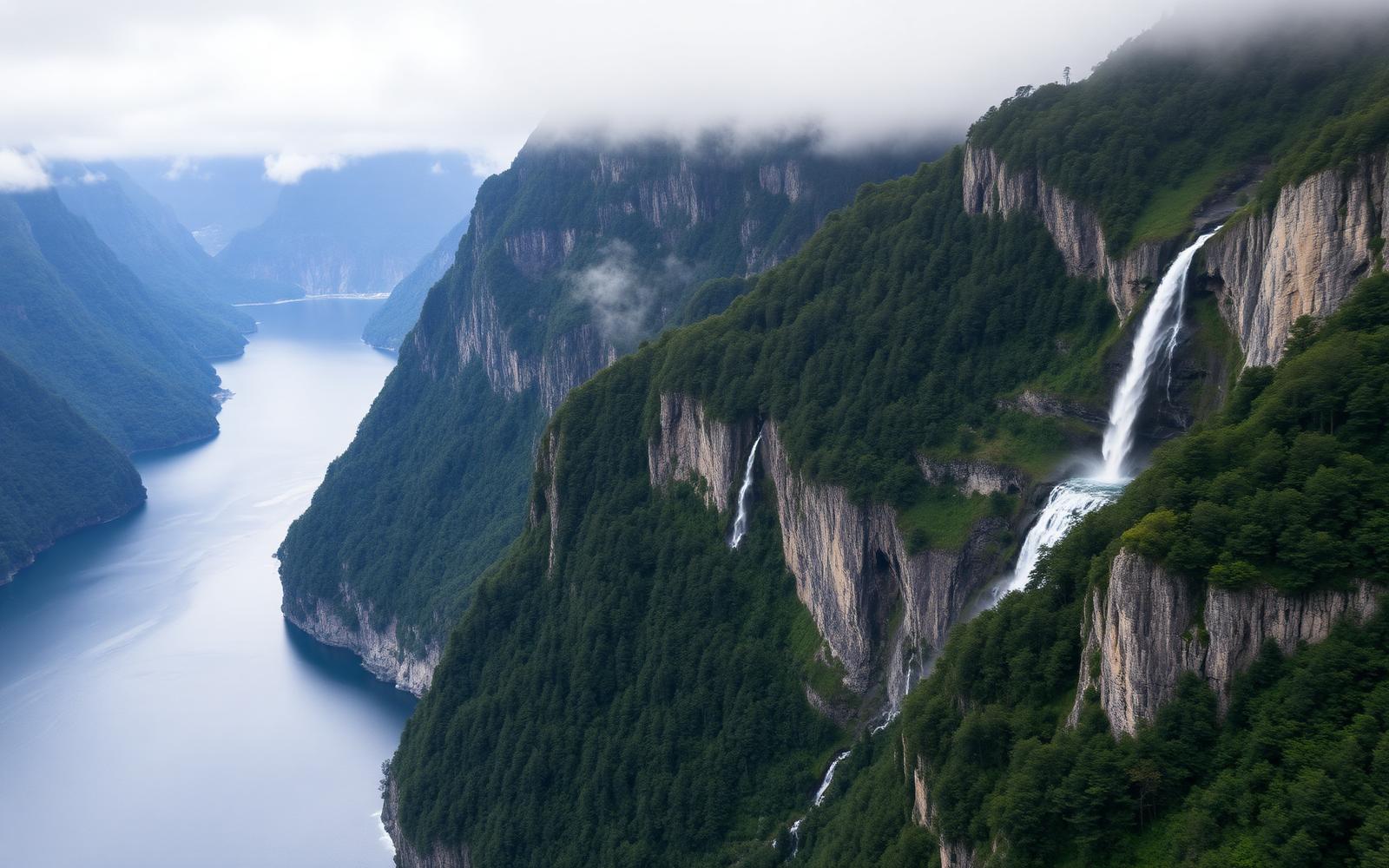 Waterfalls cascading down sheer cliffs into a deep Fiordland fjord