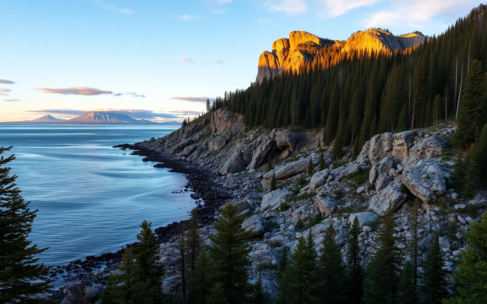 Sunlit granite bluffs above a vast subarctic lake