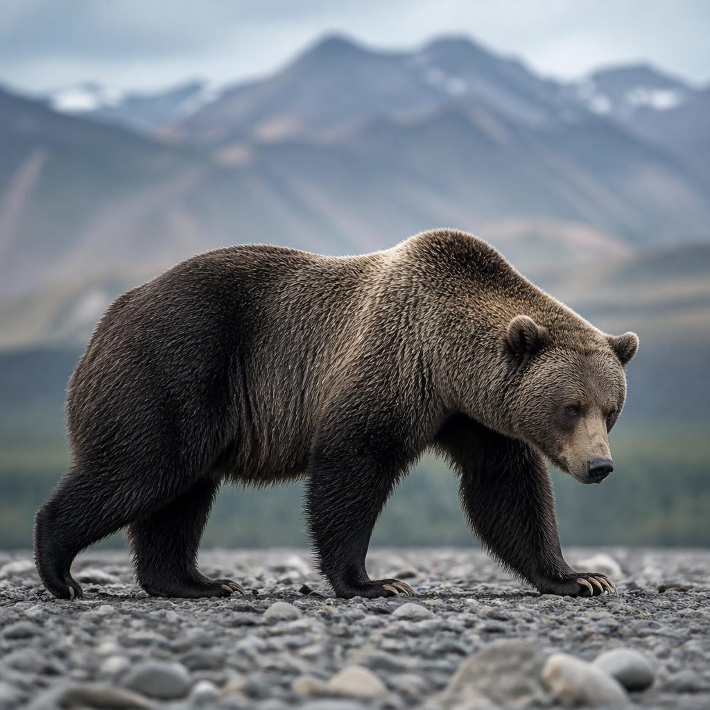 Large grizzly bear boar walking a gravel riverbar with mountains behind, shoulder hump and long claws visible