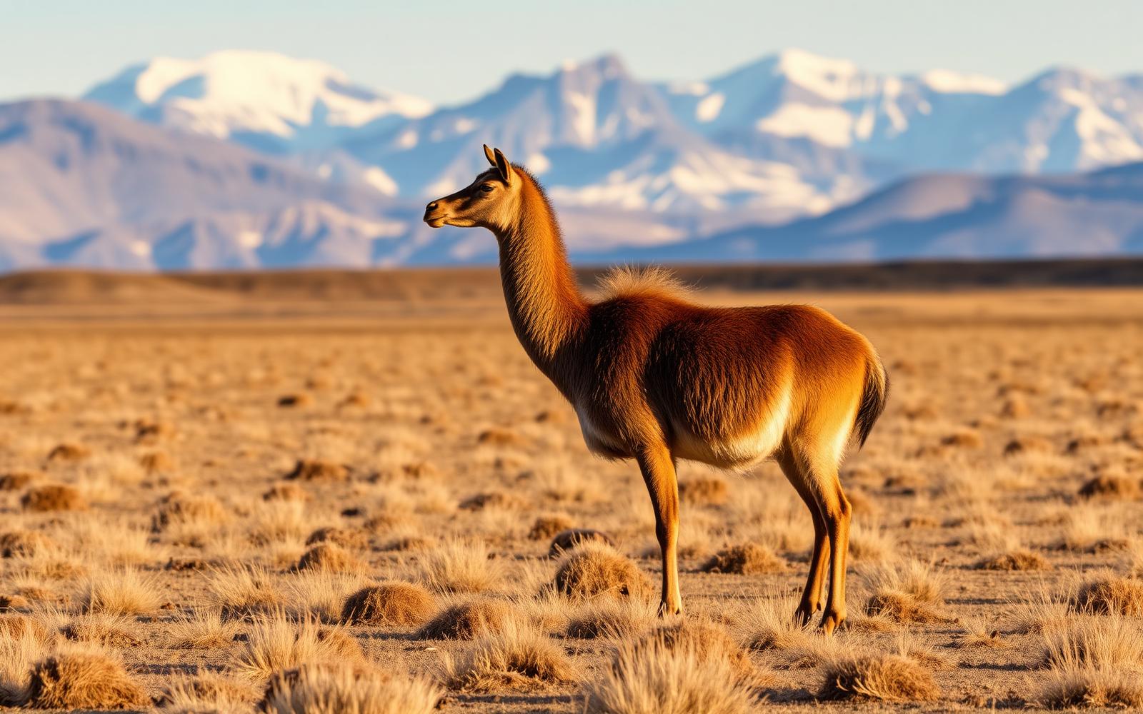 A guanaco standing on the open Patagonian steppe with snow-capped Andes peaks in the distance