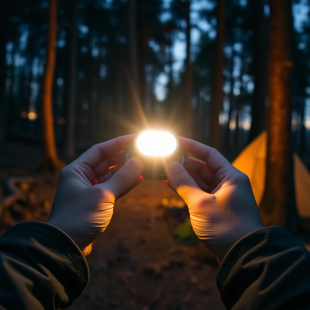 Glowing headlamp held in hands at a forest campsite at dusk