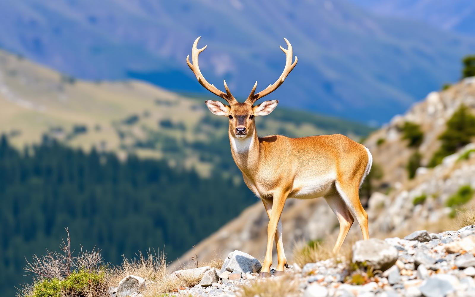 A huemul buck with short forked antlers standing on a rocky Patagonian mountain slope