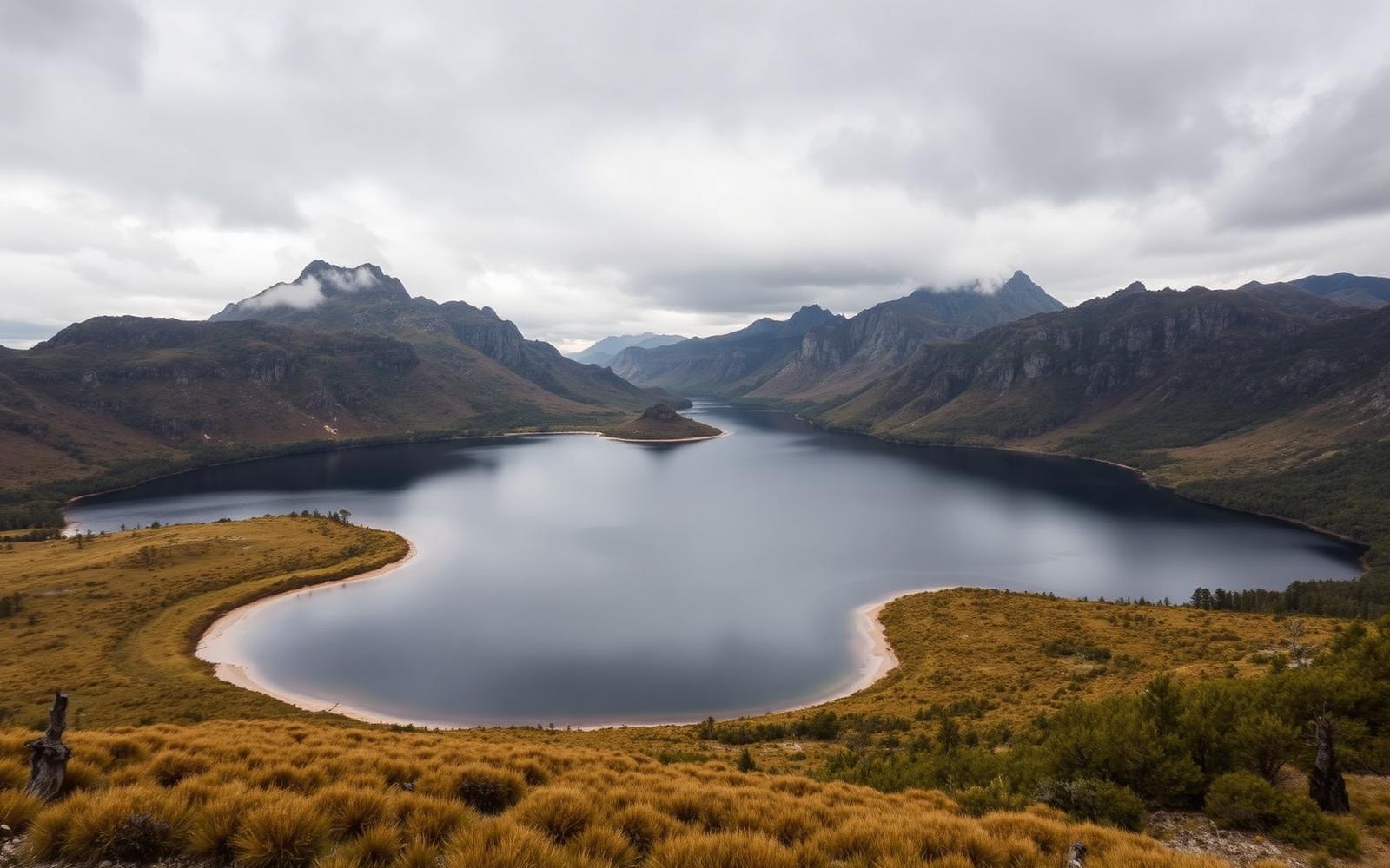 Lake Burbury ringed by buttongrass plains and jagged quartzite peaks