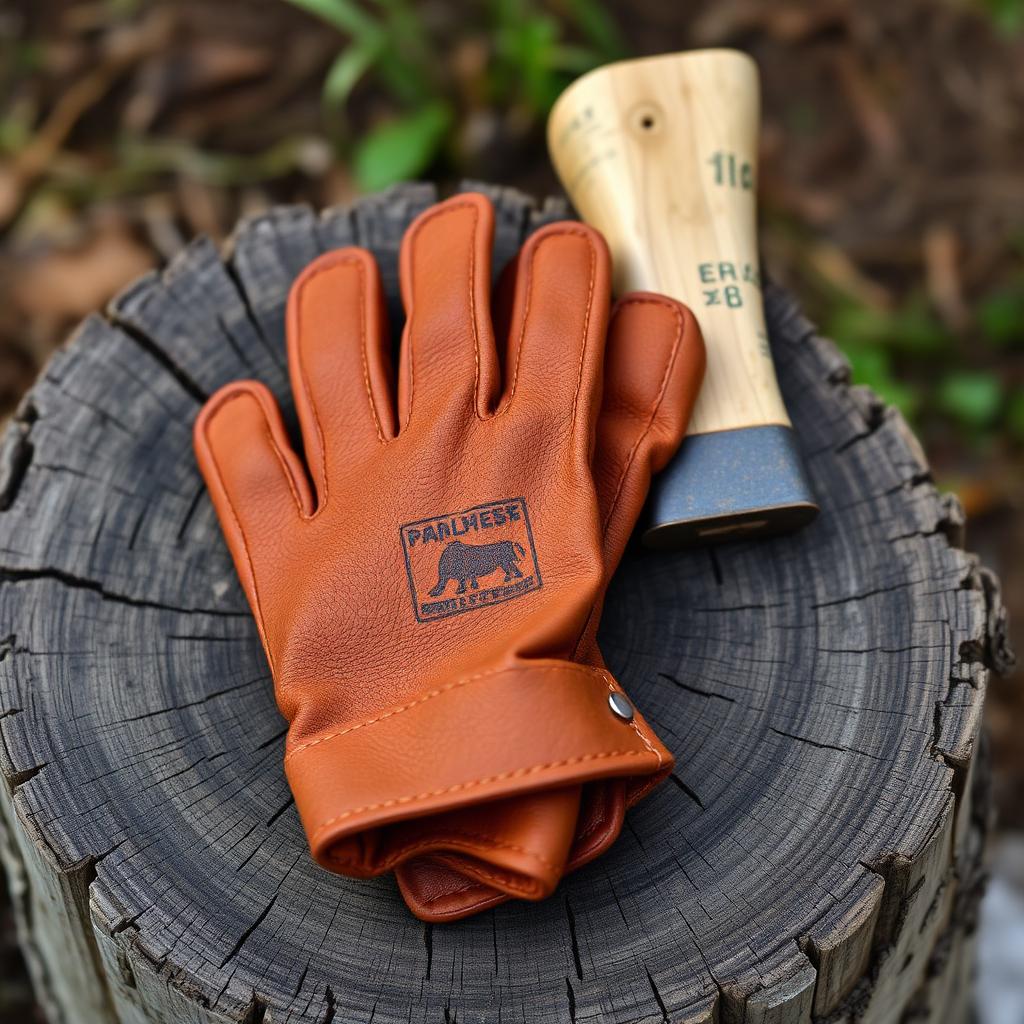 Brown leather work gloves resting on a weathered stump