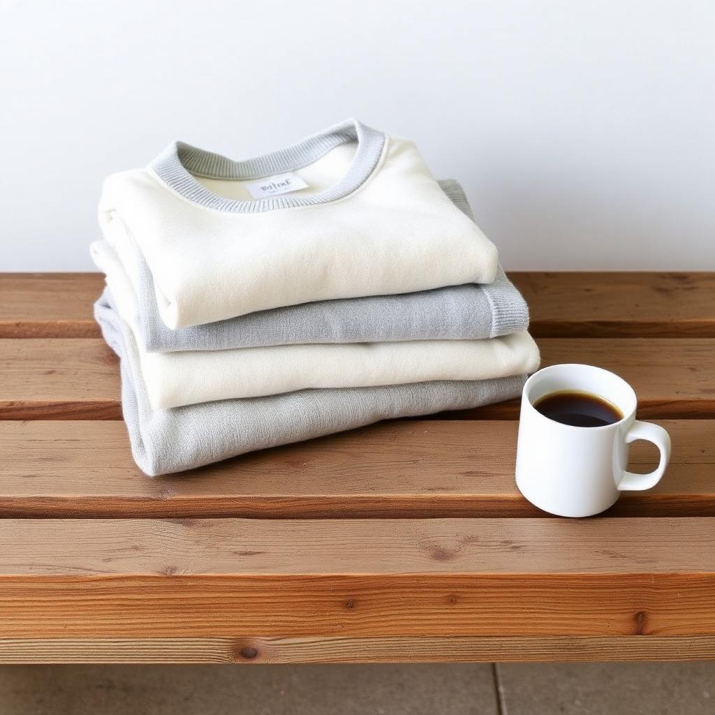 Folded merino wool base layers on a wooden bench with a mug of coffee
