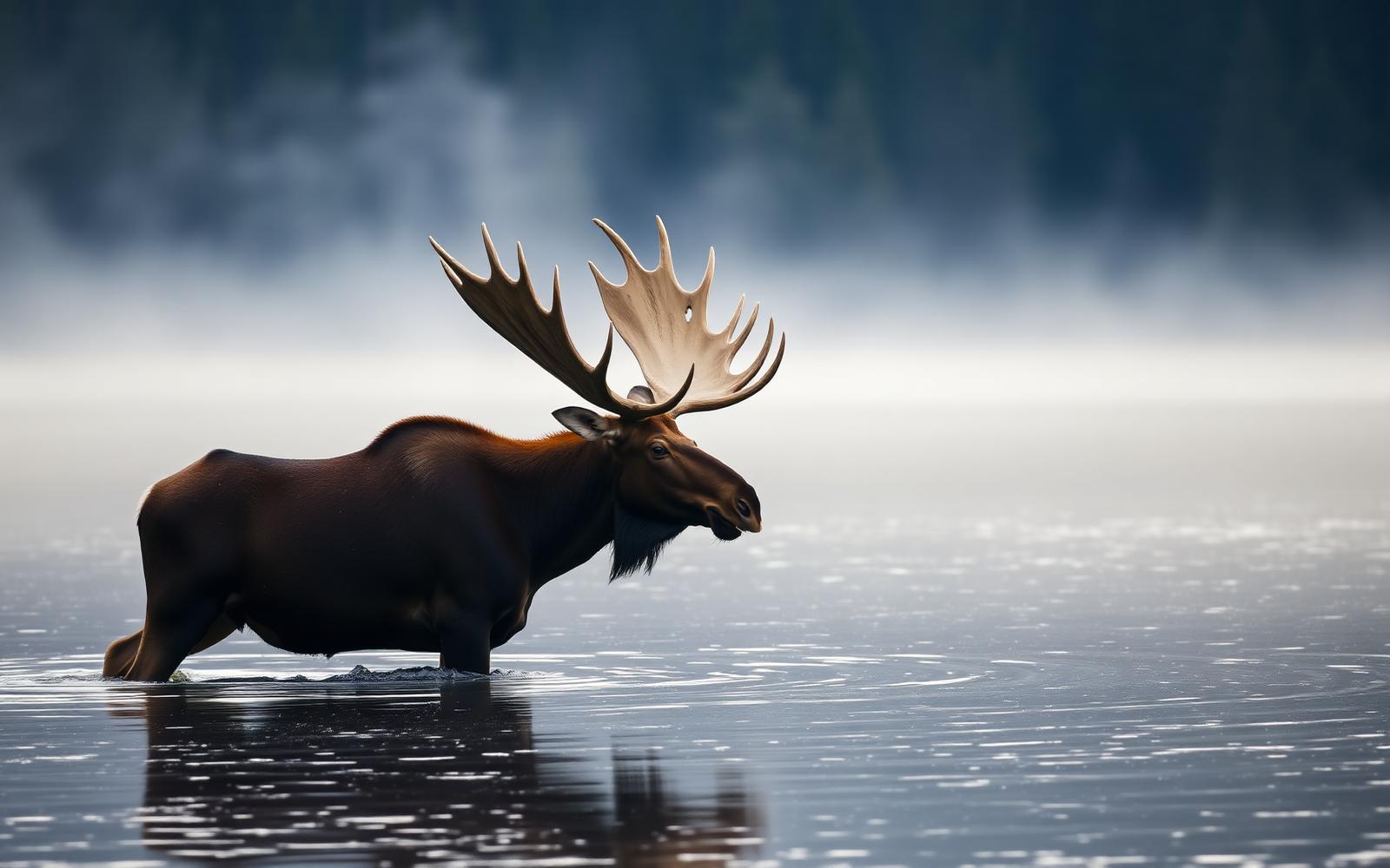 A bull moose with wide palmated antlers wading through shallow water at the edge of a boreal lake at dawn