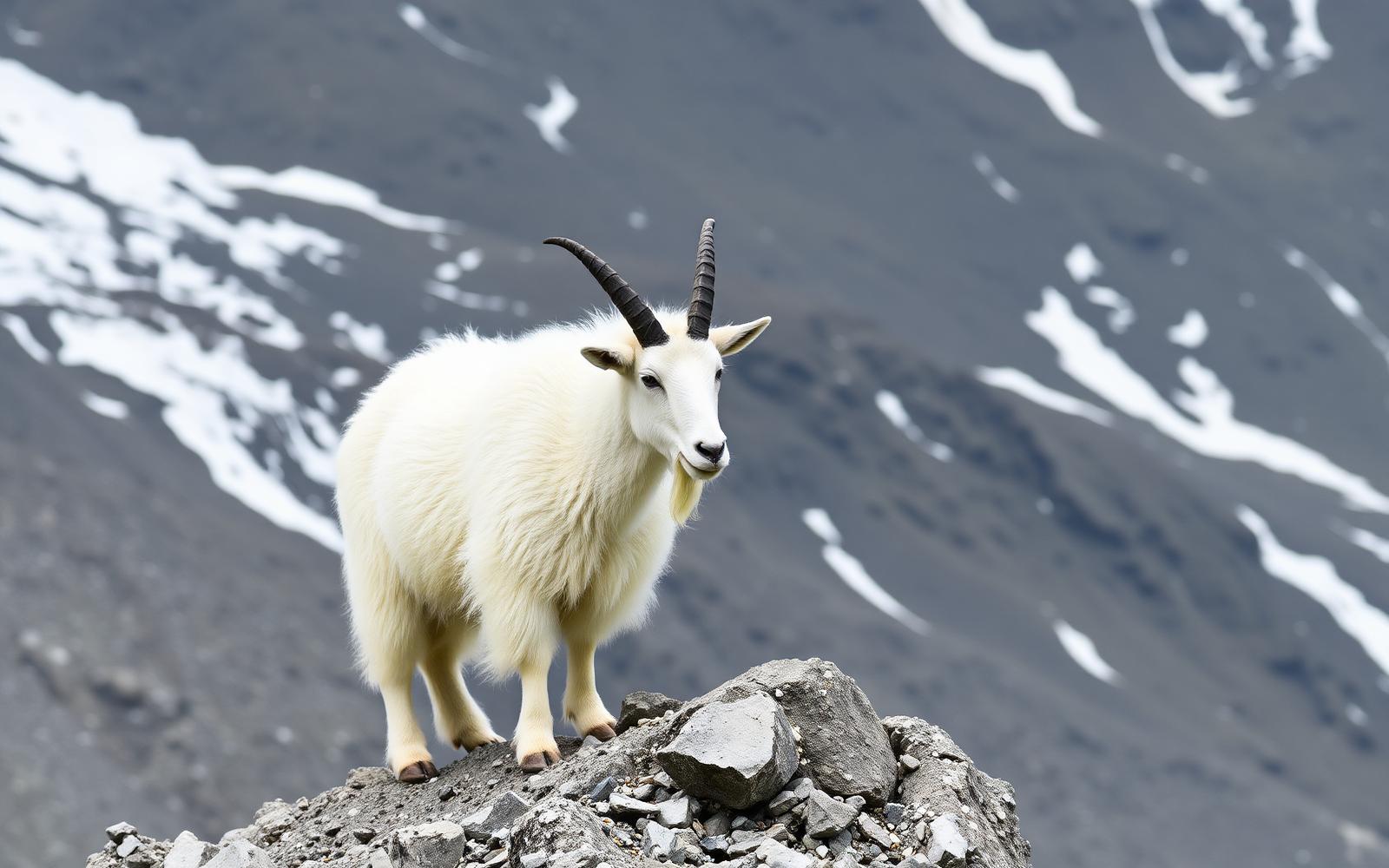 A white mountain goat with black horns standing on a rocky alpine ledge in the BC Coast Mountains