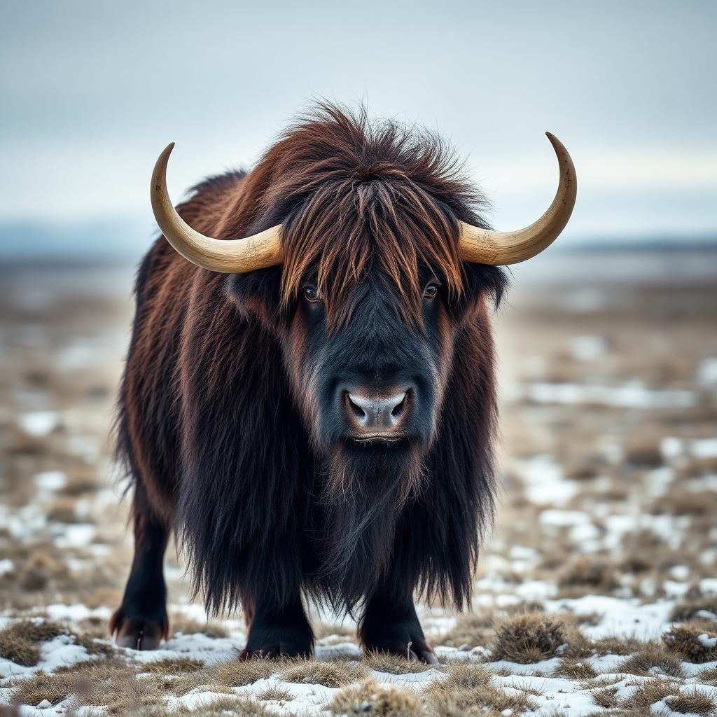An adult muskox bull with curved horns standing on tundra with light snow