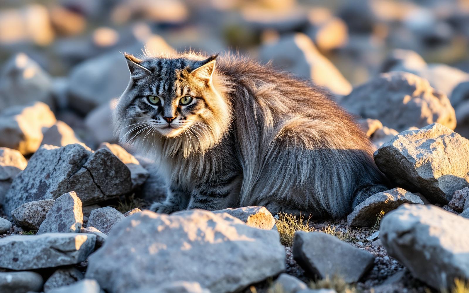 A Pallas's cat with dense fluffy grey fur crouched among rocks on the Mongolian steppe
