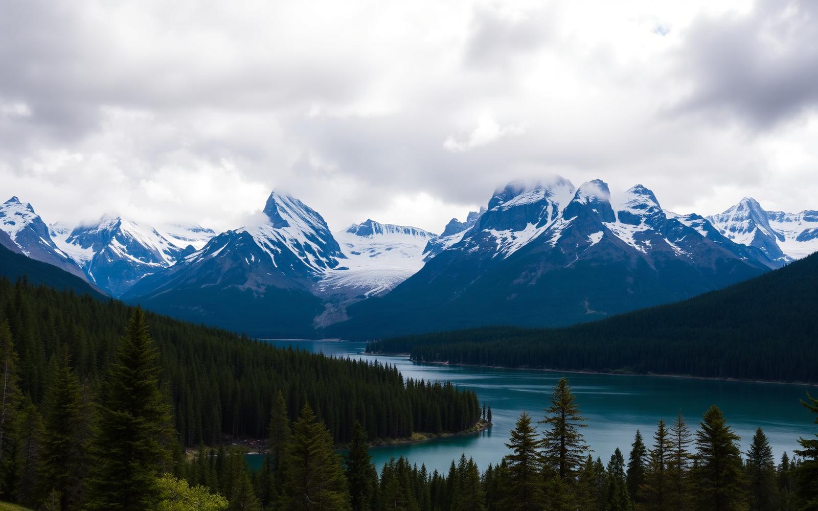 Andean peaks above a Patagonian lake fringed with lenga forest