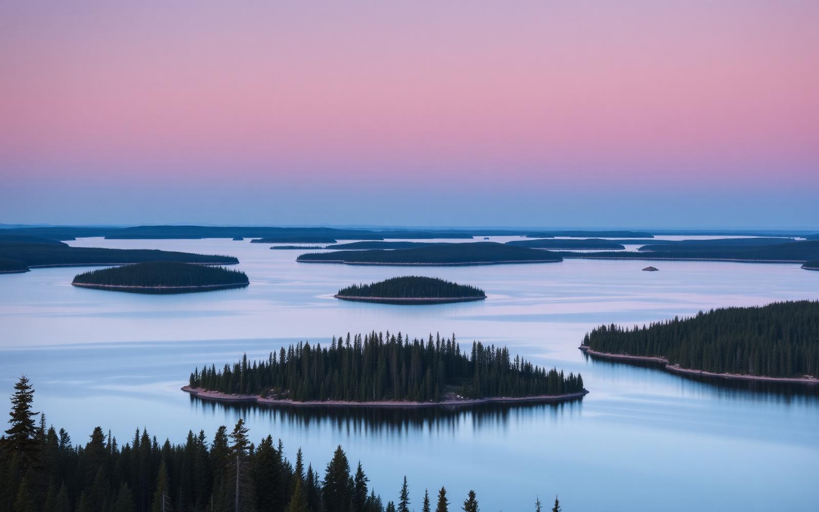 Pastel dusk over the island-studded expanse of Reindeer Lake