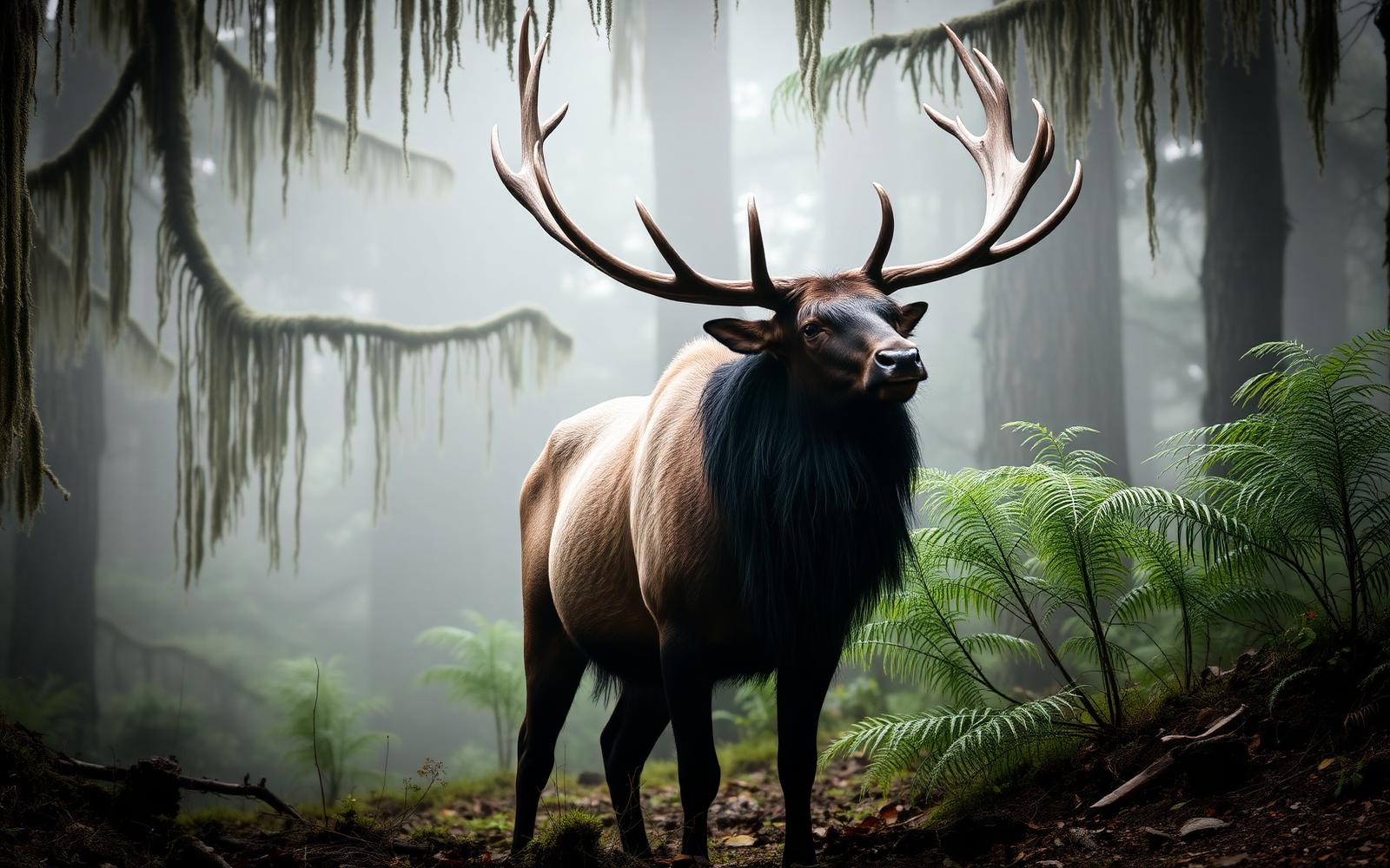 A Roosevelt elk bull with dark mane and heavy antlers standing in a mossy old-growth rainforest clearing