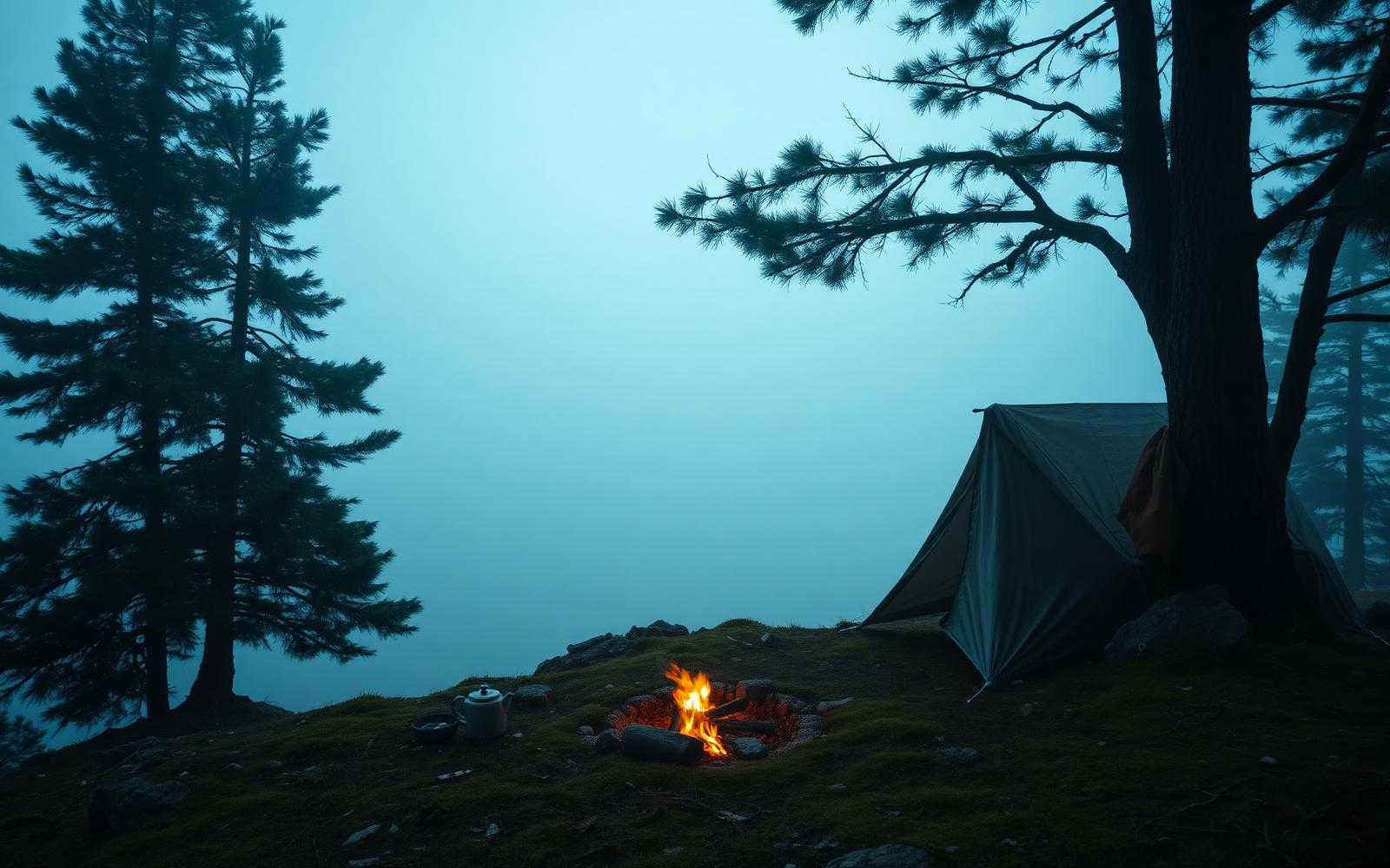 A tarp shelter and small campfire on a mossy outcrop above a foggy northern lake at dusk